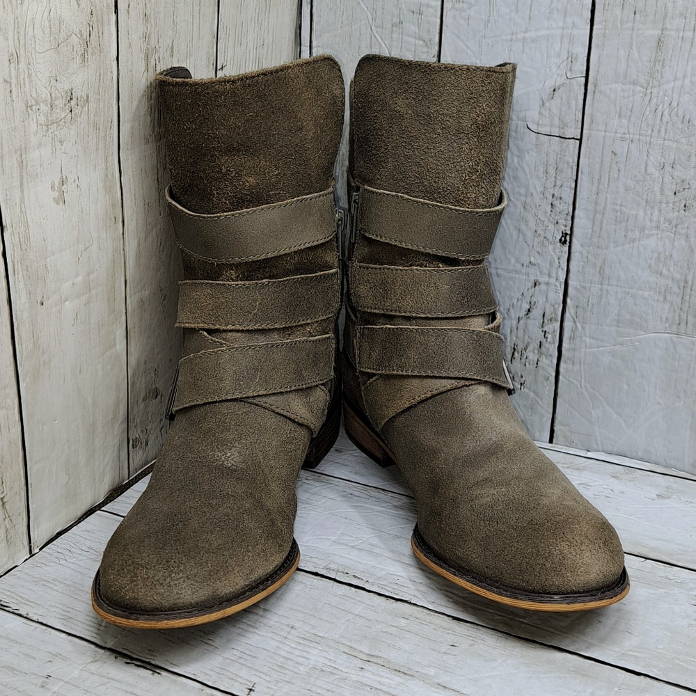 Gianni Bini Women 7.5M Grey Brown Brushed Suede Side Zip Buckle Strap Moto Boots